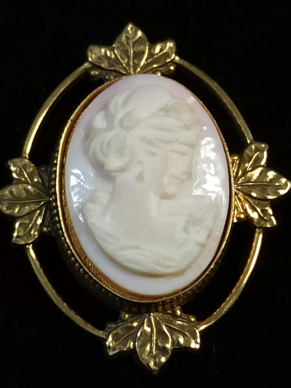 Vintage Cameo Brooch Carved Stone Lady Portrait Gold Tone Leaf Frame